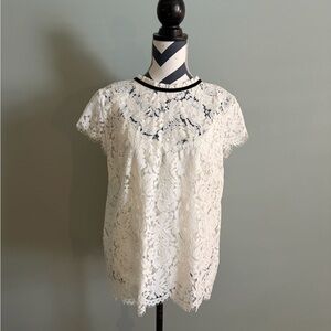 White House Black Market Ivory Lace Short-Sleeve Blouse with Contrast Trim